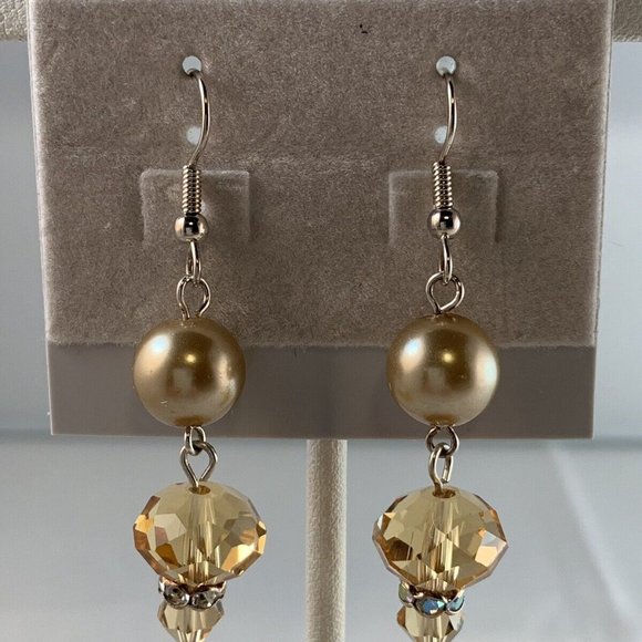 Silver Plated Pierced French Wire Dangle Earrings With Champagne & Pearl (N8) - Picture 2 of 3